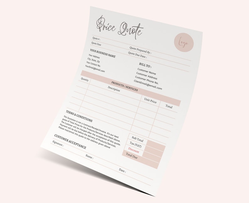 Printable Price Quote Template Professional Business Cost Calculation ...