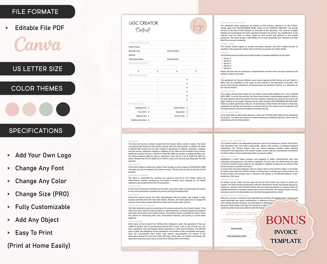 Ugc Contract Example UGC Creator Contract Template, Editable UGC Contract, Professional ...