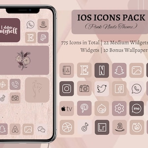 May include: A digital illustration of a phone screen with a pink and nude color scheme. The screen displays a variety of app icons, including social media, communication, and productivity apps. The text "IOS ICONS PACK (Pink Nude Theme)" is displayed at the top of the screen. The text "775 Icons in Total | 22 Medium Widgets | 9 Large Widgets | 10 Bonus Wallpapers" is displayed below the title.