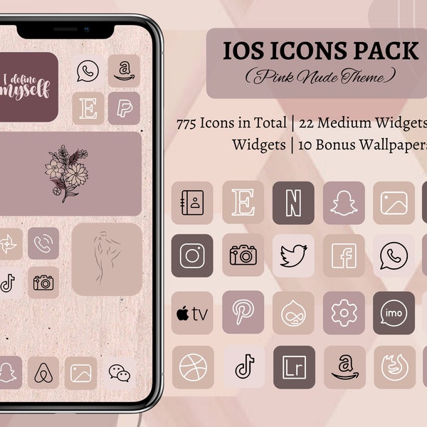 iOS 14 15 Neutral Pink Aesthetic iPhone Icons Pack - Girly 775 App Covers with 10 Bonus Wallpapers - Customize Home Screen - Minimal Bundle