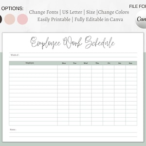 Employee Work Schedule and Organizer, Weekly Staff Shifts, Fully Editable Scheduling, Printable Custom Template, Personalized Time Sheet