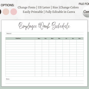 Employee Work Schedule and Organizer, Weekly Staff Shifts, Fully Editable Scheduling, Printable Custom Template, Personalized Time Sheet