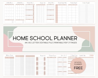 Pode incluir: Um planejador de homeschooling imprimível com um esquema de cores rosa e verde. O planejador inclui páginas para calendários mensais, horários semanais, listas de disciplinas, listas de tarefas, rastreamento de presença, registros de tarefas e rastreamento de despesas. O planejador está disponível nos tamanhos A4 e A5 e é gratuito para download.