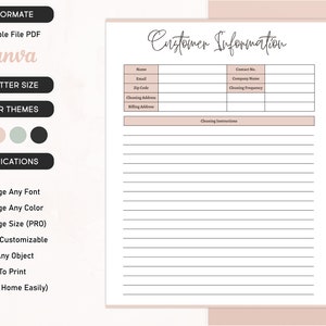 Plantilla imprimible de información del cliente, Planificador comercial de servicio de limpieza, Plantilla de admisión de clientes, Hoja de información del cliente, Canva editable