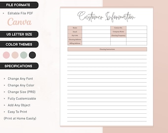Customer Information Printable Template, Cleaning Service Business Planner Client Intake Template Client Information Sheet Canva Editable