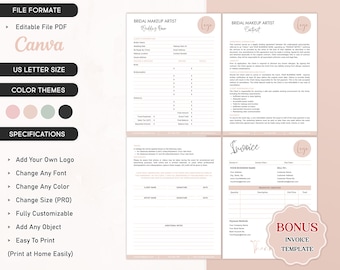 Bewerkbaar make-upservicecontract, cosmetologie Canva-sjabloon freelance make-upartiest formulieren juridisch bruidscontract MUA-formulieren direct downloaden