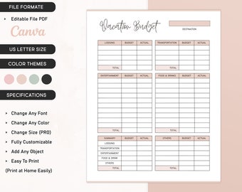 Printable Vacation Budget Template, Editable Holiday Budget Planner, Trip Expense Tracker Finance Planner  Travel Budget Organizer US Letter