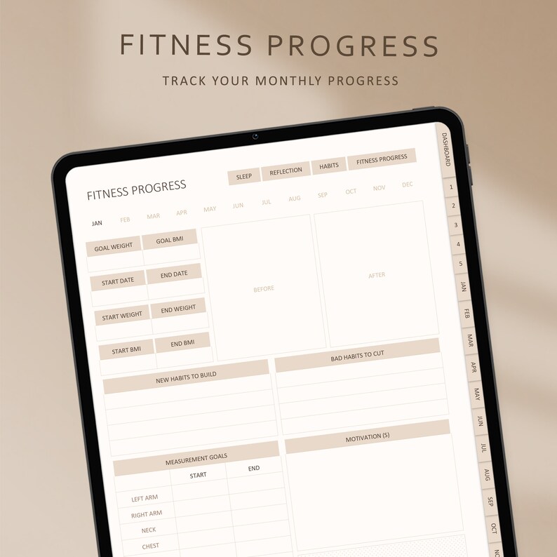 Digital Fitness Planner Wellness Journal for Workout, Weight Loss, SelfCare, Minimalist iPad Planner for GoodNotes Notability Boho Theme PDF