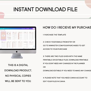 May include: A computer screen displaying a digital planner template in Canva. The text on the screen reads "Instant Download File". The text below the image reads "This is a digital download product. No physical copies will be sent to you."