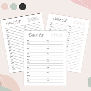 May include: Printable contact list template with three pages. Each page has a title "Contact List" and includes fields for name, phone, email, and mobile.