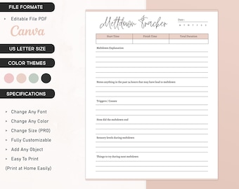 May include: Printable meltdown tracker with sections for start time, finish time, total duration, meltdown explanation, notes, triggers, sensory levels, and things to try during the next meltdown. The tracker is designed to help people track and understand their meltdowns.