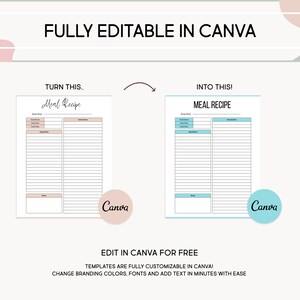 May include: A digital template for a meal recipe, with a pink and white color scheme on the left and a blue and white color scheme on the right. The text "Meal Recipe" is at the top of both templates. The text "TURN THIS..." is above the left template and the text "INTO THIS!" is above the right template. The text "Canva" is in a circle on both templates. The text "EDIT IN CANVA FOR FREE" is below the templates. The text "TEMPLATES ARE FULLY CUSTOMIZABLE IN CANVA!" is below the text "EDIT IN CANVA FOR FREE". The text "CHANGE BRANDING COLORS, FONTS AND ADD TEXT IN MINUTES WITH EASE" is below the text "TEMPLATES ARE FULLY CUSTOMIZABLE IN CANVA!"