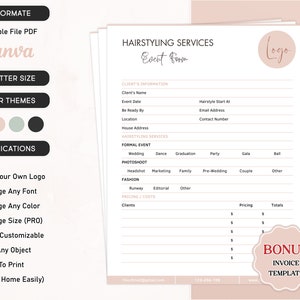 Editable Hairstyling Service Contract, Beauty Client Intake Form Hairstyling Service Agreement, Bridal Wedding Party Salon Hairstylist Forms