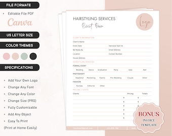 Editable Hairstyling Service Contract, Beauty Client Intake Form Hairstyling Service Agreement, Bridal Wedding Party Salon Hairstylist Forms