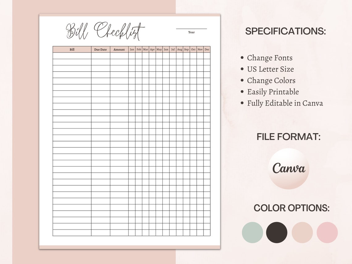 Bill Checklist Canva Template Printable Monthly or Yearly - Etsy