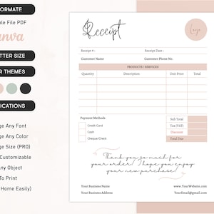 Editable Receipt Template – Canva Printable Billing Template – Order Form – Business Receipt – Payment Receipt Digital Instant Download PDF