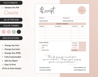 Editable Receipt Template – Canva Printable Billing Template – Order Form – Business Receipt – Payment Receipt Digital Instant Download PDF