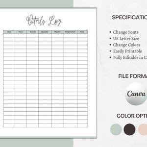 Vitals Log, Personal Editable Health Record, Daily Pulse and Oxygen Tracker, Printable Nursing and Personal Vitals Sheet, Instant Download