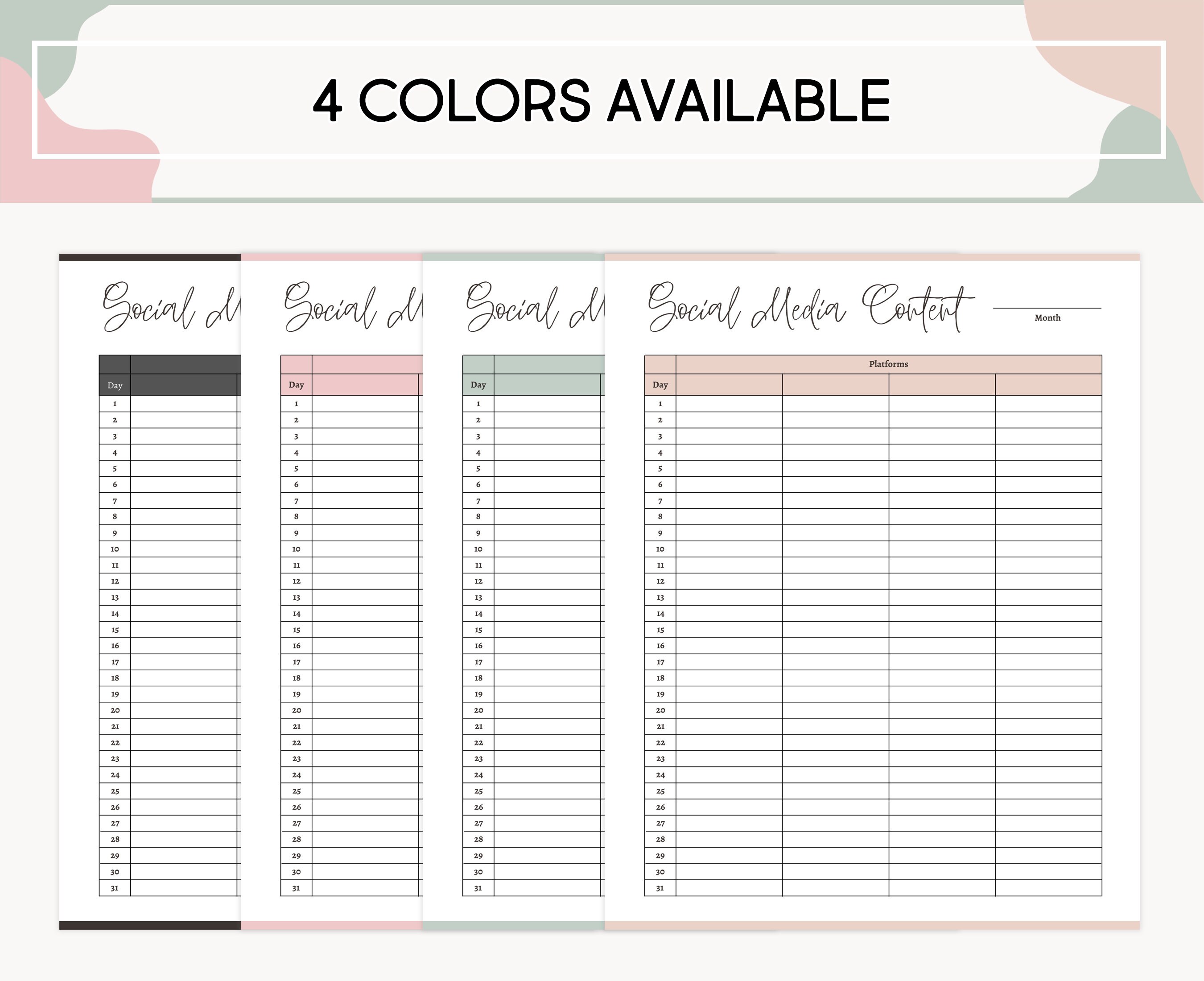Printable Social Media Content Template, Social Media Marketing Planner
