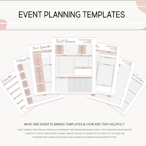 May include: A set of printable event planning templates with headings like "Event Overview", "Catering Costs", "Guest List", and "To-Do List". The templates are designed to help organize and manage events.