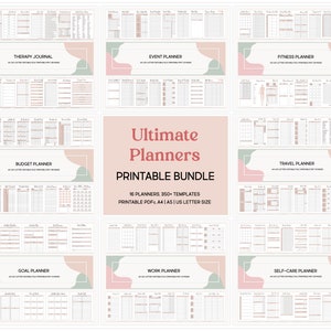 May include: A printable bundle of 16 planners with 350+ templates. The planners are designed in a minimalist style with pink and green accents. The planners include a therapy journal, event planner, fitness planner, budget planner, travel planner, goal planner, work planner, and self-care planner. The planners are printable in A4, A5, and US letter size.