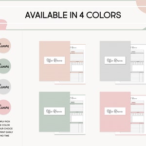May include: Four printable planner covers in different colors: pink, gray, green, and light pink. Each cover has a dotted pattern and the text "Office Planner" in black cursive.