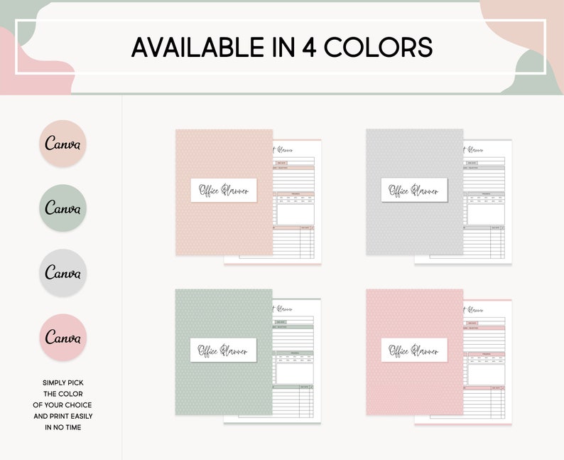 May include: Four printable planner covers in different colors: pink, gray, green, and light pink. Each cover has a dotted pattern and the text "Office Planner" in black cursive.