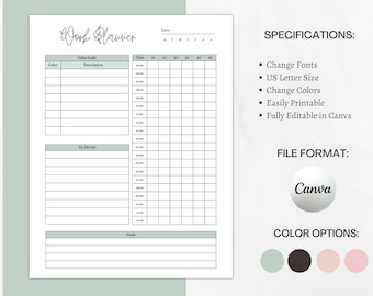 Work Planner, Printable Planner, Instant Download, Work Schedule Checklist Template, Productivity Day Planning for Work, Office Organizer