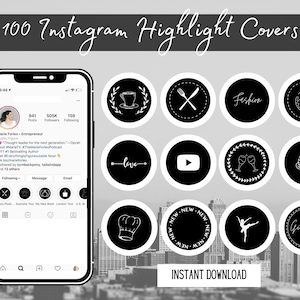 May include: A set of 100 black and white Instagram highlight covers with various icons and text. The icons include a coffee cup, a fork and knife, a play button, a butterfly, a chef's hat, a champagne glass, a globe, a ballerina, and a heart with an arrow. The text includes "Fashion", "Love", "Giveaway", "New", and "Instant Download".