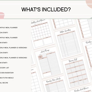May include: A printable set of meal planning templates, including monthly and weekly meal planners, grocery lists, kitchen inventory, family meal ideas, and meal recipes. The templates are designed with a minimalist aesthetic and feature a light pink and white color scheme.
