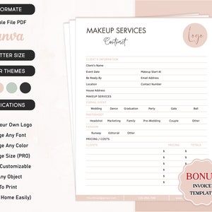Contrato de servicio de maquillaje editable, Plantilla de formulario de servicio de maquillaje, Contrato MUA, Acuerdo de maquillador profesional para novias, Contrato independiente