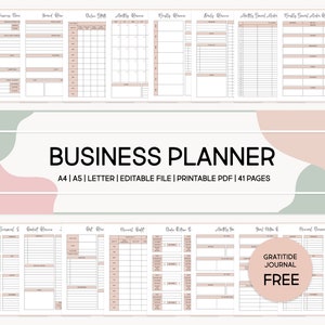 May include: A business planner with a pink and green colour scheme. The planner includes sections for daily, weekly, and monthly planning, as well as goal setting and budget tracking. The planner is available in A4, A5, and Letter sizes. It is an editable and printable PDF file with 41 pages. The planner also includes a free gratitude journal.