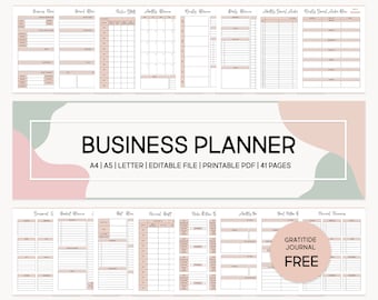 Könnte beinhalten: Ein Business-Planer mit einem rosa-grünen Farbschema. Der Planer enthält Abschnitte für die tägliche, wöchentliche und monatliche Planung sowie für die Zielsetzung und Budgetverfolgung. Der Planer ist in den Größen A4, A5 und Letter erhältlich. Es handelt sich um eine editierbare und druckbare PDF-Datei mit 41 Seiten. Der Planer enthält außerdem ein kostenloses Dankbarkeitsjournal.