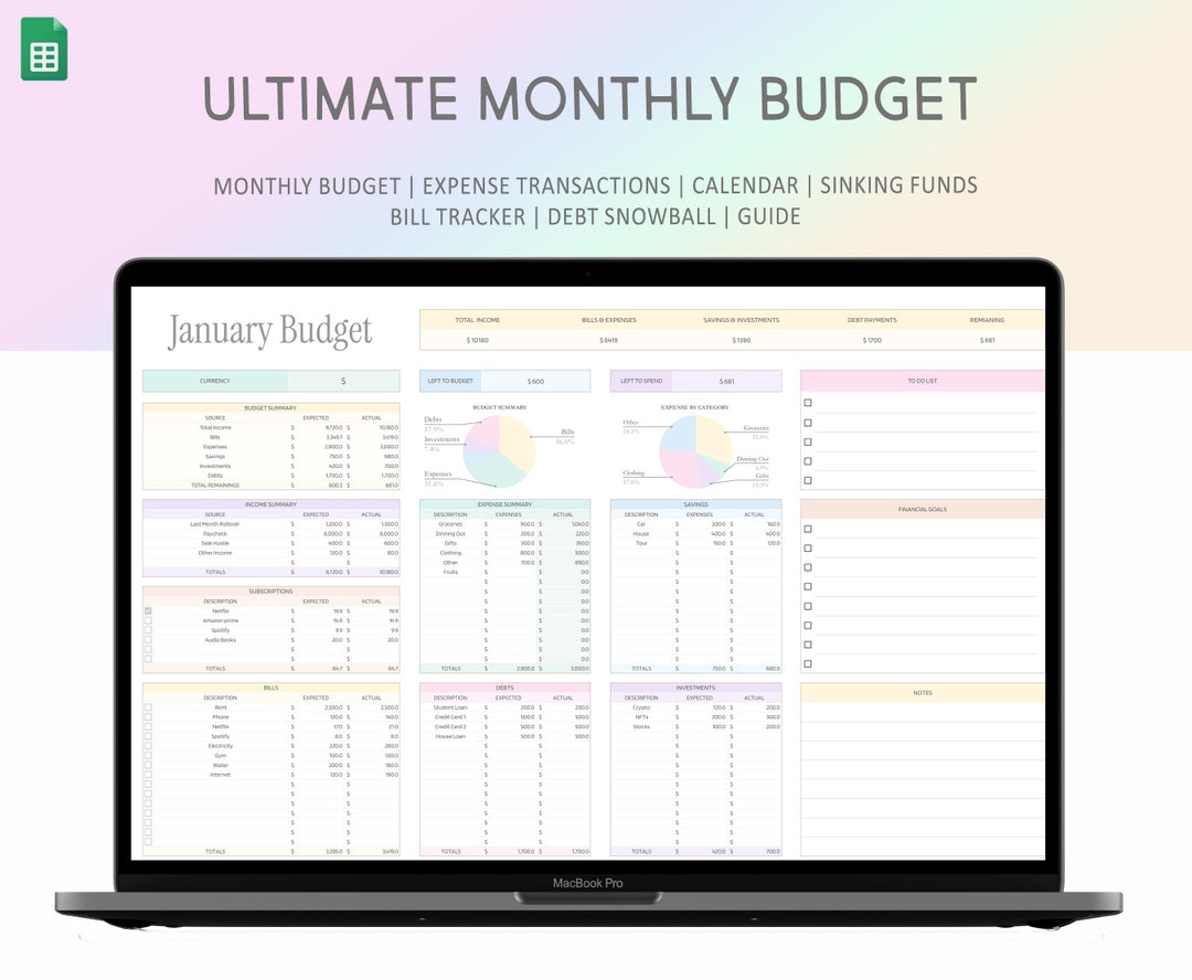 Monthly Budget Spreadsheet Google Sheets Template Digital Monthly ...