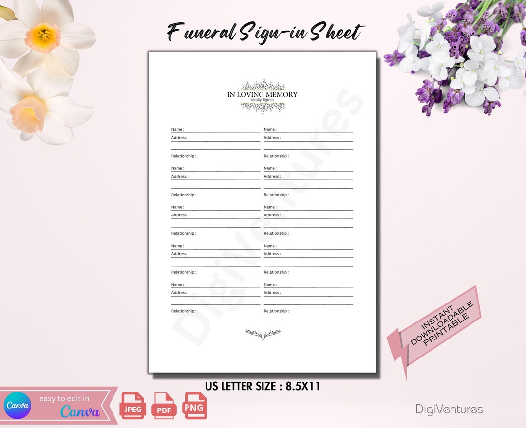 Editable Funeral Sign in Sheet Custom Printable Funeral Guest Etsy UK