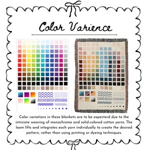 May include: An image featuring a colour palette and a woven blanket with a square pattern. The palette displays a range of colours, while the blanket showcases a gradient of squares. Text reads "Color Variance" and explains the weaving process.