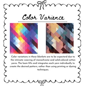 May include: Two geometric blanket designs are displayed, one in bright rainbow colours and the other in muted earth tones. The text "Color Varience" highlights the unique weaving method used to create the patterns.