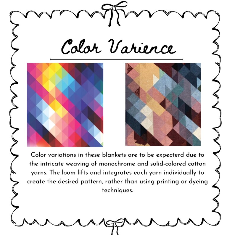 May include: Two geometric blanket designs are displayed, one in bright rainbow colours and the other in muted earth tones. The text "Color Varience" highlights the unique weaving method used to create the patterns.
