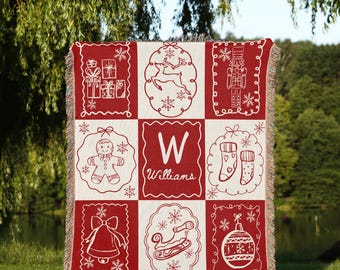 Custom Christmas Woven Blanket Personalized Family Name Xmas Throw Holiday Home Decor Christmas Gift for Parents Grandparents Wall Tapestry
