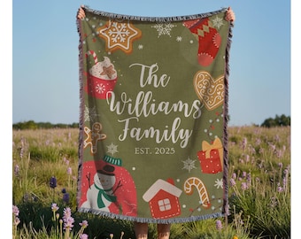 Custom Christmas Woven Blanket Personalized Family Name Xmas Throw Holiday Home Decor Christmas Gift for Parents Grandparents Wall Tapestry