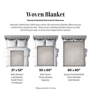 May include: A woven blanket display with three sizes: 94 x 132 cm, 127 x 152 cm, and 152 x 203 cm. The text reads "Woven Blanket" and describes the blanket as crafted from 100% pure cotton. Uses include wall decor, sofa throw, and picnic spread.