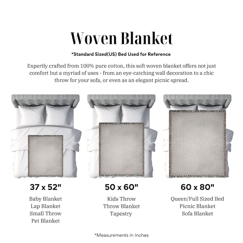 May include: A woven blanket display with three sizes: 94 x 132 cm, 127 x 152 cm, and 152 x 203 cm. The text reads "Woven Blanket" and describes the blanket as crafted from 100% pure cotton. Uses include wall decor, sofa throw, and picnic spread.