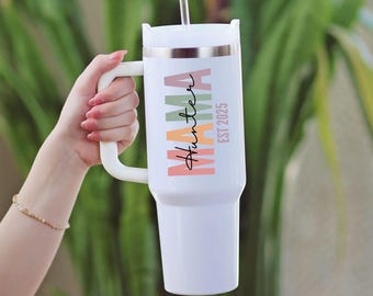 Custom 40oz Mama Tumbler Personalized Mom Tumbler with Names New Mom Gift Tumbler with Straw Est Mom Gift Travel Mug Mama Birthday Christmas
