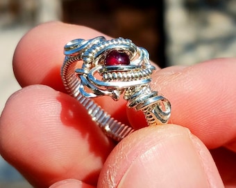 Wire Wrapped Ring, Red Garnet in 925 Sterling Silver, Size 6.75