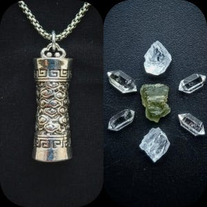 Alchemized Moldavite Silver Angel Amulet with Celestite, Selenite & Herkimer Diamond for Protection, Healing and Alchemy with Steel Necklace image 1