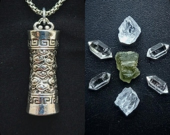 Alchemized Moldavite Silver Angel Amulet with Celestite, Selenite & Herkimer Diamond for Protection, Healing and Alchemy with Steel Necklace
