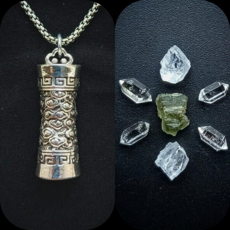 Alchemized Moldavite Silver Angel Amulet with Celestite, Selenite & Herkimer Diamond for Protection, Healing and Alchemy with Steel Necklace image 1