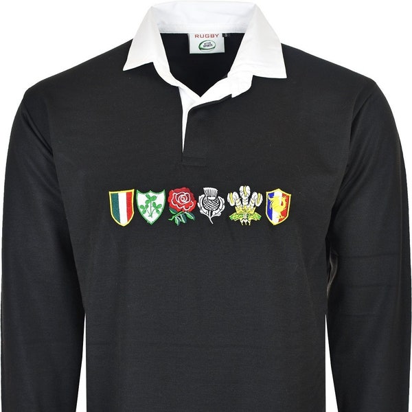 Men Six Nation Rugby Long Sleeve Sports Jersey | Embroidered Logo | Button Down Collar Neck Style | Size S to 5XL | Multicolor