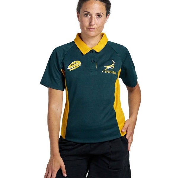 Ladies T-Shirt Rugby South Africa Half Sleeve | Button down Collar Style | Embroidered Logo | Size S to XXL | Dark Green