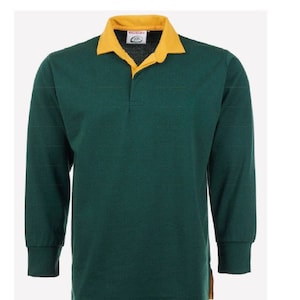 May include: A long-sleeved rugby shirt with a green body and a yellow collar. The shirt has a button-up collar and a small logo on the collar that says "Rugby".